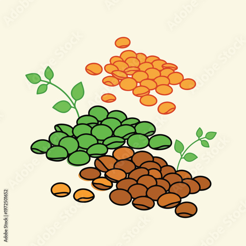 Colorful hand drawn piles of raw legumes with green sprigs.