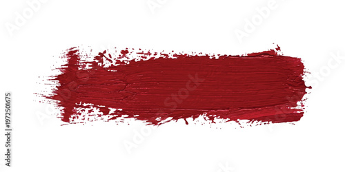 Horizontal smear of dark red oil paint with visible brush bristles texture and rough ragged edges isolated on a plain white background