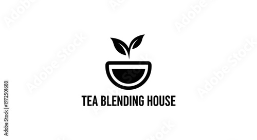 Minimalist black and white logo design for tea blending house with leaves and bowl icon