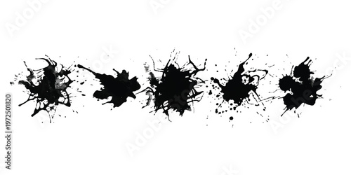 Five distinct black ink splatters and paint drips arranged in a horizontal row isolated on a white background with sharp edges and irregular shapes