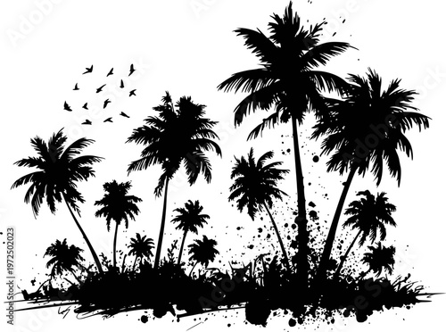 Black silhouette of tropical palm trees and flock of birds against white background with grunge splatter