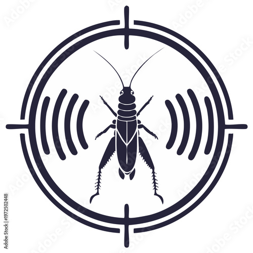 Cricket Inside a Circle and Crosshair Target Symbol with Sound Waves Vector Illustration Insect Communication Surveillance Concept