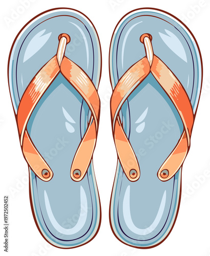 Pair of cartoon flip flops sandals, summer footwear with orange straps for the beach or pool, vacation style