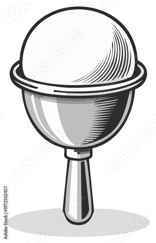 Antique silver plated baby rattle toy illustration with hatching on ball element isolated on white background