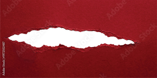 A horizontal rip in a sheet of dark red textured paper revealing a bright white background underneath with jagged torn edges and fibrous paper details