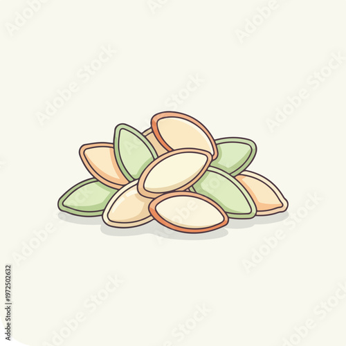 A pile of raw pumpkin seeds isolated on a light background.