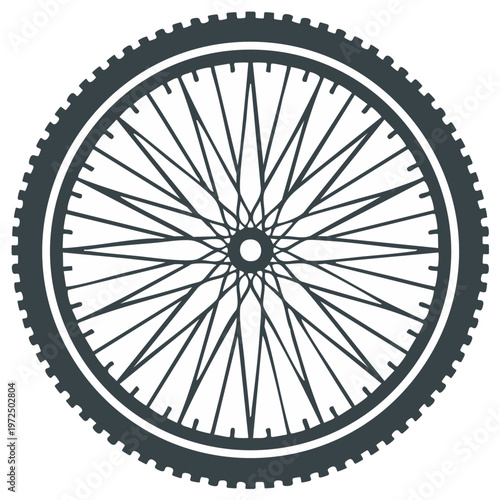 Detailed mountain bike wheel graphic featuring tire tread and multiple metal spokes forming a circular design