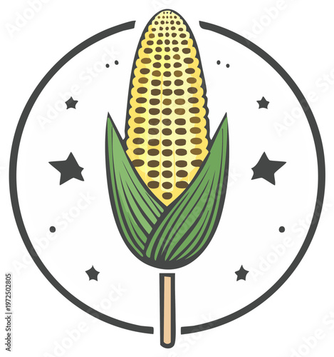 Stylized corn cob illustration, summer harvest graphic inside circular badge with stars and dots, design element for farms