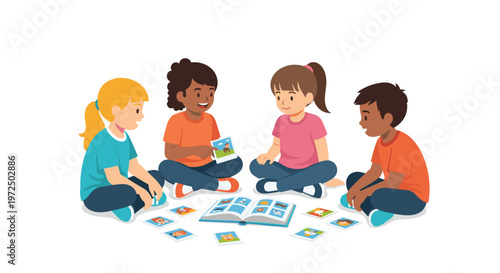 A diverse group of four happy children sits in a friendly circle on the floor while looking at an open picture book and colorful animal cards together.