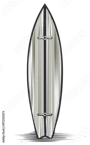 Vintage Surfboard Illustration Vertical Design Detailed Lines Wood Grain Beach Activity Sport Hobby Watersport Recreation Gear Isolated