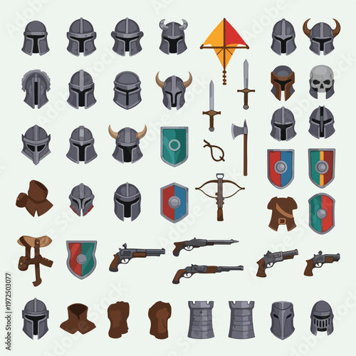 Collection of Medieval and Fantasy RPG Game Equipment and Armor Icons.