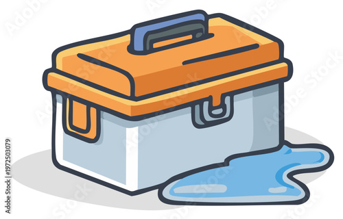 Cartoon illustration of a leaking toolbox with blue liquid spill on the ground