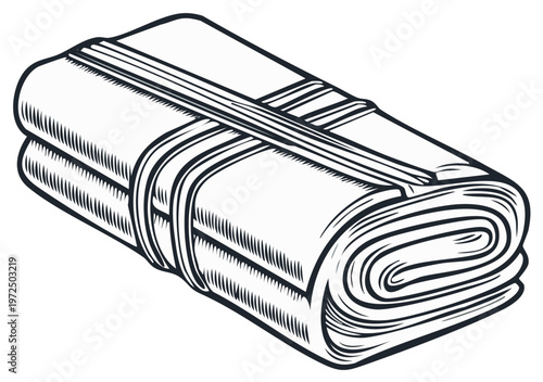 Rolled Textile with Stripes Secured by Bands Hand Drawn Illustration