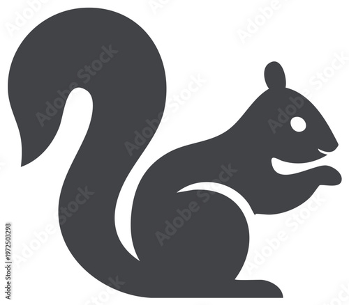 Minimalist dark grey silhouette of a squirrel with a bushy tail eating a nut on a white background