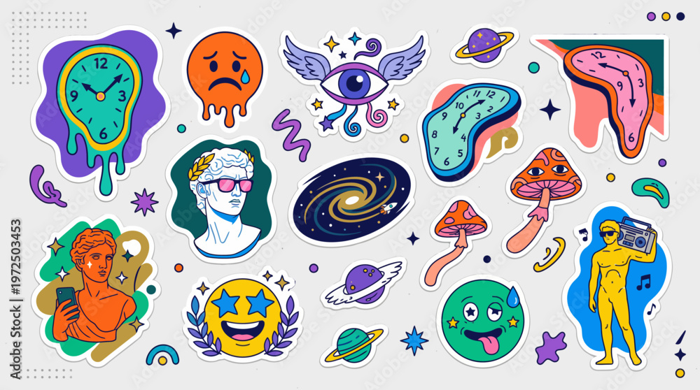 Fototapeta premium Vibrant surrealism artwork depicts a diverse array of fantastical creatures and celestial bodies in a whimsical surealistic scene.