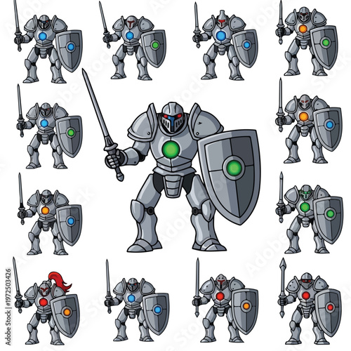 Collection of armored futuristic knights with swords and shields.