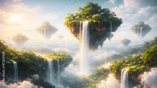 Wallpaper Mural Floating islands with waterfalls in the sky, fantasy landscape, soft lighting Torontodigital.ca