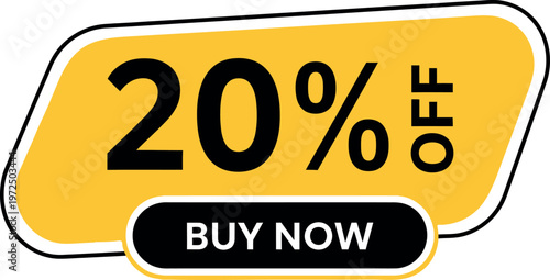 Yellow 20 percent off sale tag vector, discount promotion banner, buy now retail offer sticker