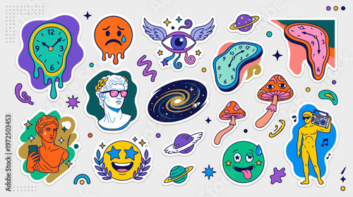 Vibrant surrealism artwork depicts a diverse array of fantastical creatures and celestial bodies in a whimsical surealistic scene.