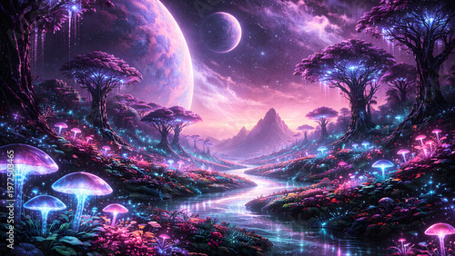 Wallpaper Mural Alien planet with bioluminescent plants and purple sky, surreal environment Torontodigital.ca