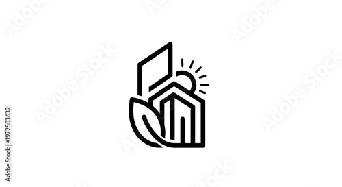 Eco-friendly building icon with sun and leaf, sustainable architecture concept