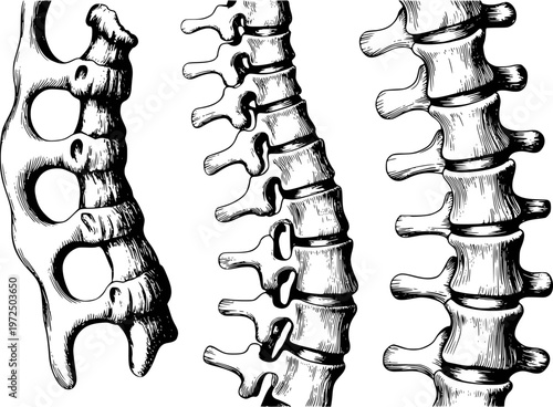 Detailed Vintage Engraving Style of Human Vertebrae Sections White Background spine