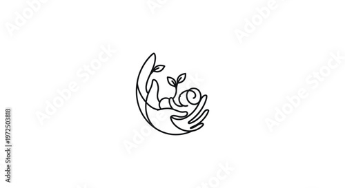 Minimalist line art of a hand cradling a sprouting seedling, symbolizing growth and new beginnings.