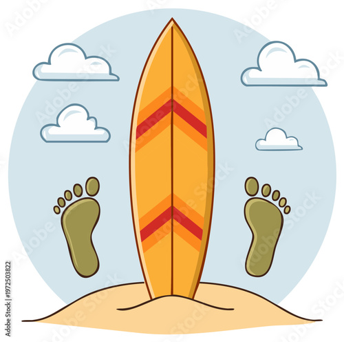 Vibrant Surfboard on Sandy Shoreline with Footprints and Cartoon Clouds