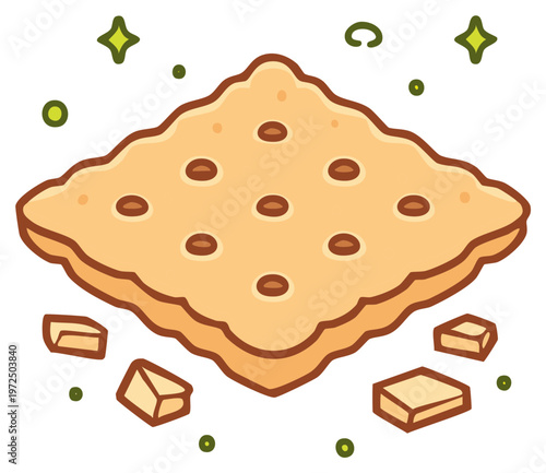 Golden savory cracker with holes and scattered crumbs in a whimsical cartoon illustration