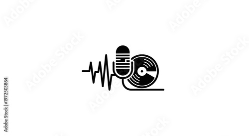 Retro Microphone with Vinyl Record and Sound Wave Icon