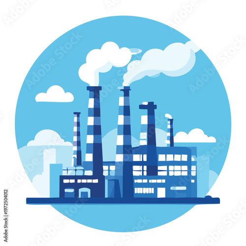 Factory with smokestacks plugged into large AI letters on blue background.