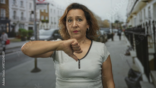 Photography Woman showing thumbs down gesture on city street with visible arm extended and striped shirt; disapproval