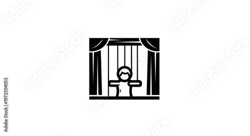 Puppet show stage with strings and figure icon