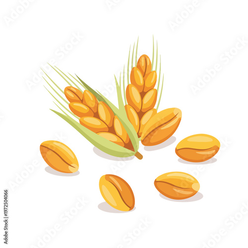 Cartoon illustration of ripe wheat stalks and scattered golden grain seeds.