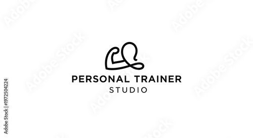 Minimalist personal trainer studio logo with bicep icon and text