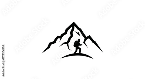 Hiker Silhouette Against Mountain Peak Icon - Adventure and Exploration Vector