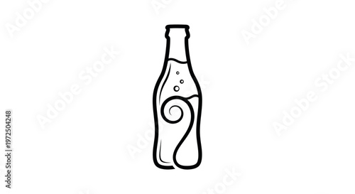 Minimalist outline of a soda bottle with swirling liquid and bubbles, isolated on white.