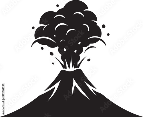 A dynamic depiction of a volcanic eruption with billowing smoke and ash clouds silhouette vector icon