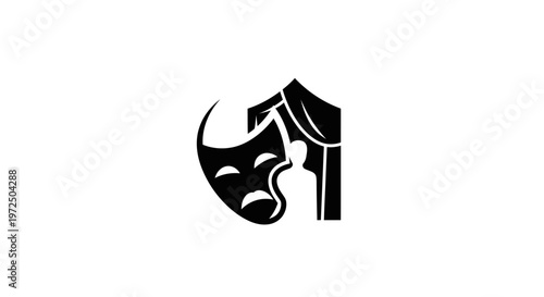 Theater mask icon with stage curtains, drama and comedy symbols