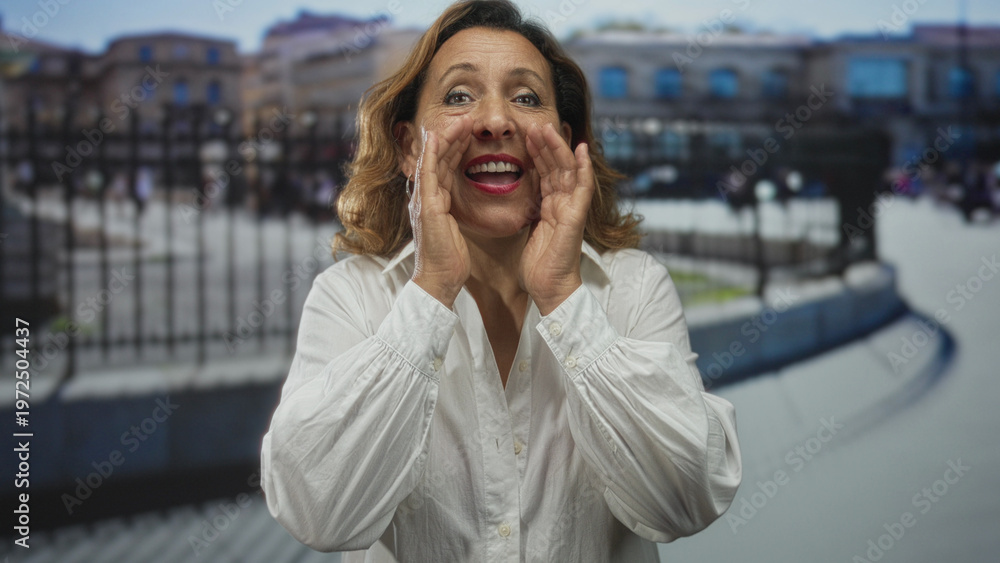Fototapeta premium Middle aged hispanic woman cups hands to mouth on urban street in bright sunlight; excitement and joy.