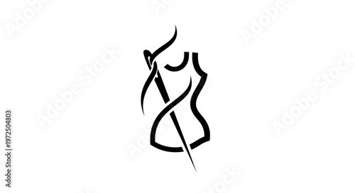 Sewing concept: needle and thread forming a dress silhouette on white background