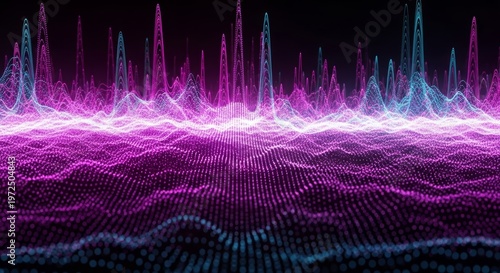Abstract digital waves of light in magenta and cyan high frequency vibration