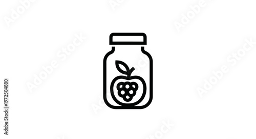 Simple line art icon of a jar with berries and apple inside, white background