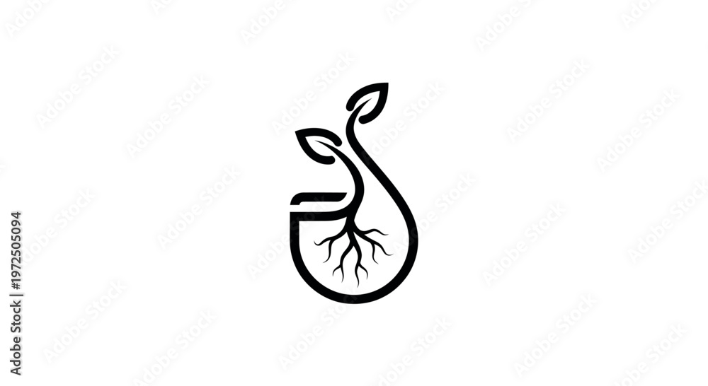 Naklejka premium Growth Symbol: Plant Sprout with Roots Inside a Drop Shape
