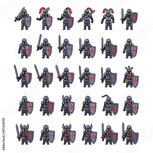 Collection of pixel art style medieval knights with swords and shields.
