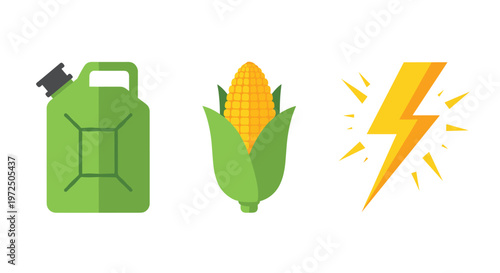 A vibrant green fuel canister stands beside a ripe yellow corn cob and a sharp golden lightning bolt against a pristine white minimalist background.