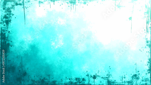 Vector Abstract turquoise artwork, evokes sea ambiance, aged with a worn and vintage charm, displays texture with grungy splashes and gradient blends of azure hues. 