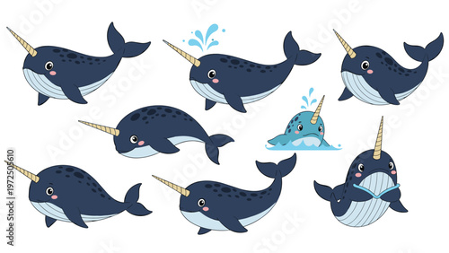 Collection of cute blue narwhal characters in various playful poses including swimming reading and spouting water on a white background.