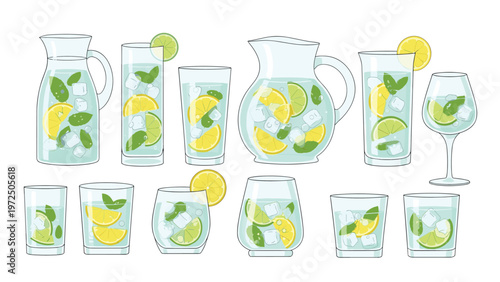 Healthy collection of refreshing lemon and lime detox water in various glass pitchers and glasses served with mint and ice cubes.