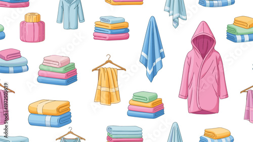 Seamless pattern of cozy bathroom essentials including folded towels, fluffy bathrobes, and spa products on a clean white background.